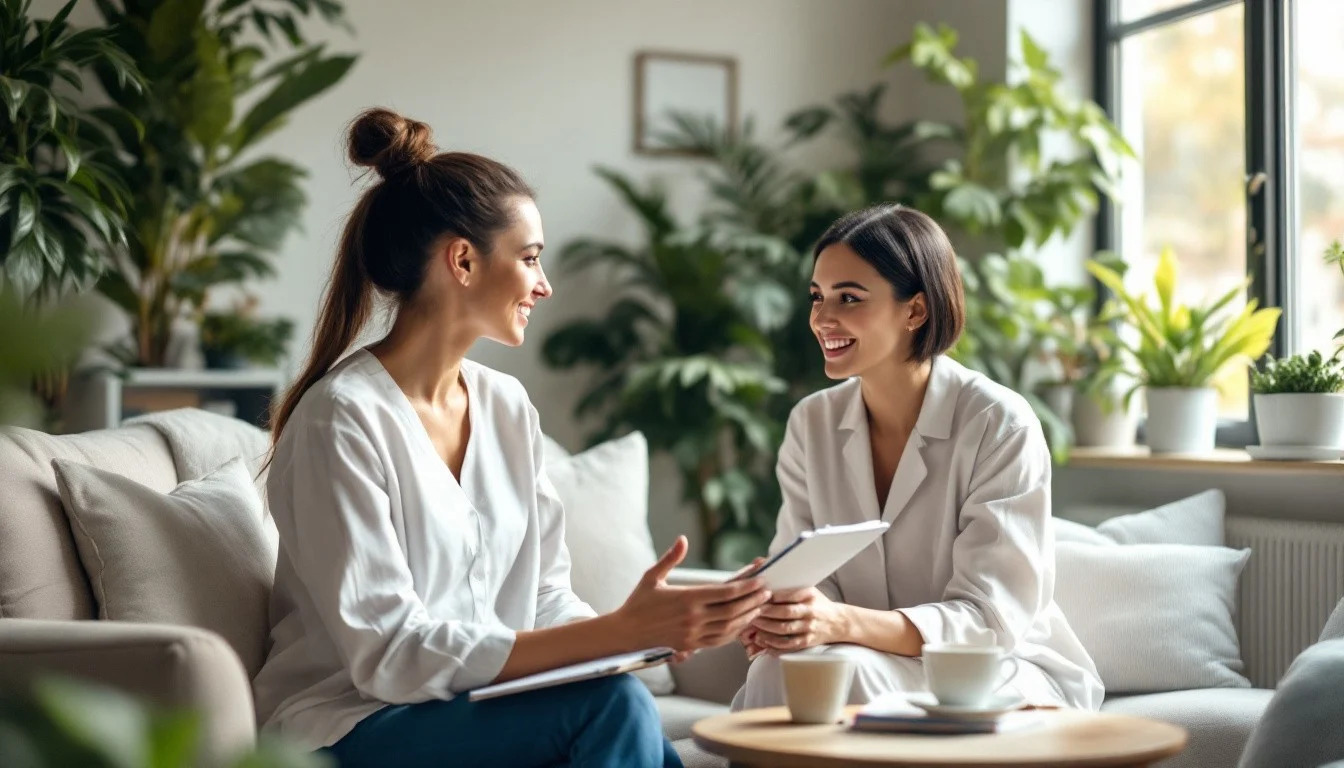 A friendly indoor discussion between two women in a living room